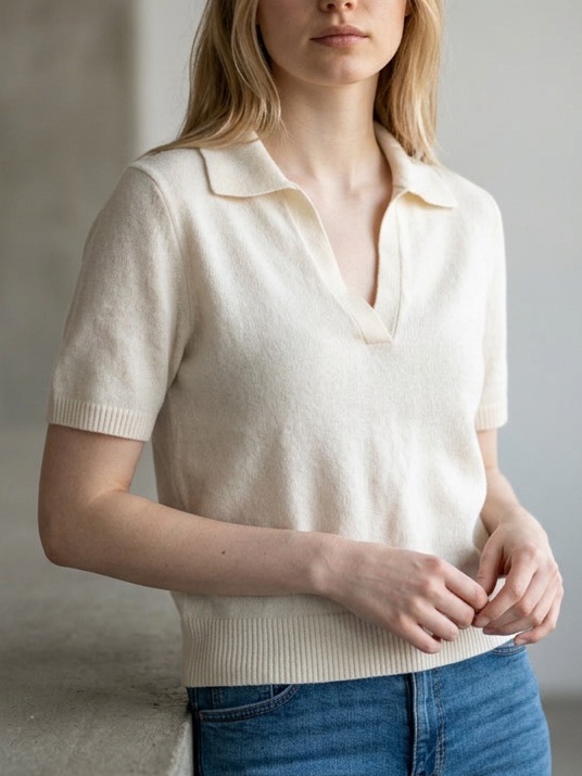 Abercrombie & Fitch Cream Short-Sleeve Collared Knit Top